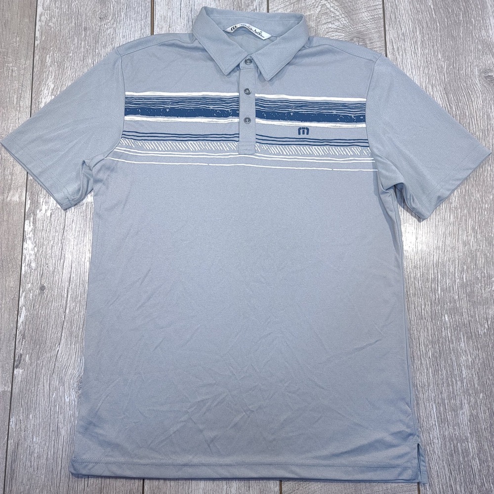 Travis Mathew Polo Shirt Mens Medium Blue Gray Striped Short Sleeve Golf Top